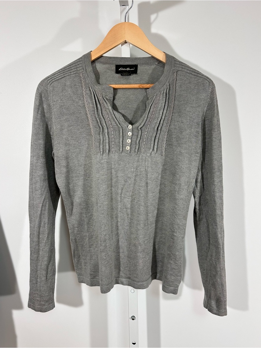 Eddie Bauer Silk Angora Rabbit Hair Knit Henley Sweater Gray Y2K Medium